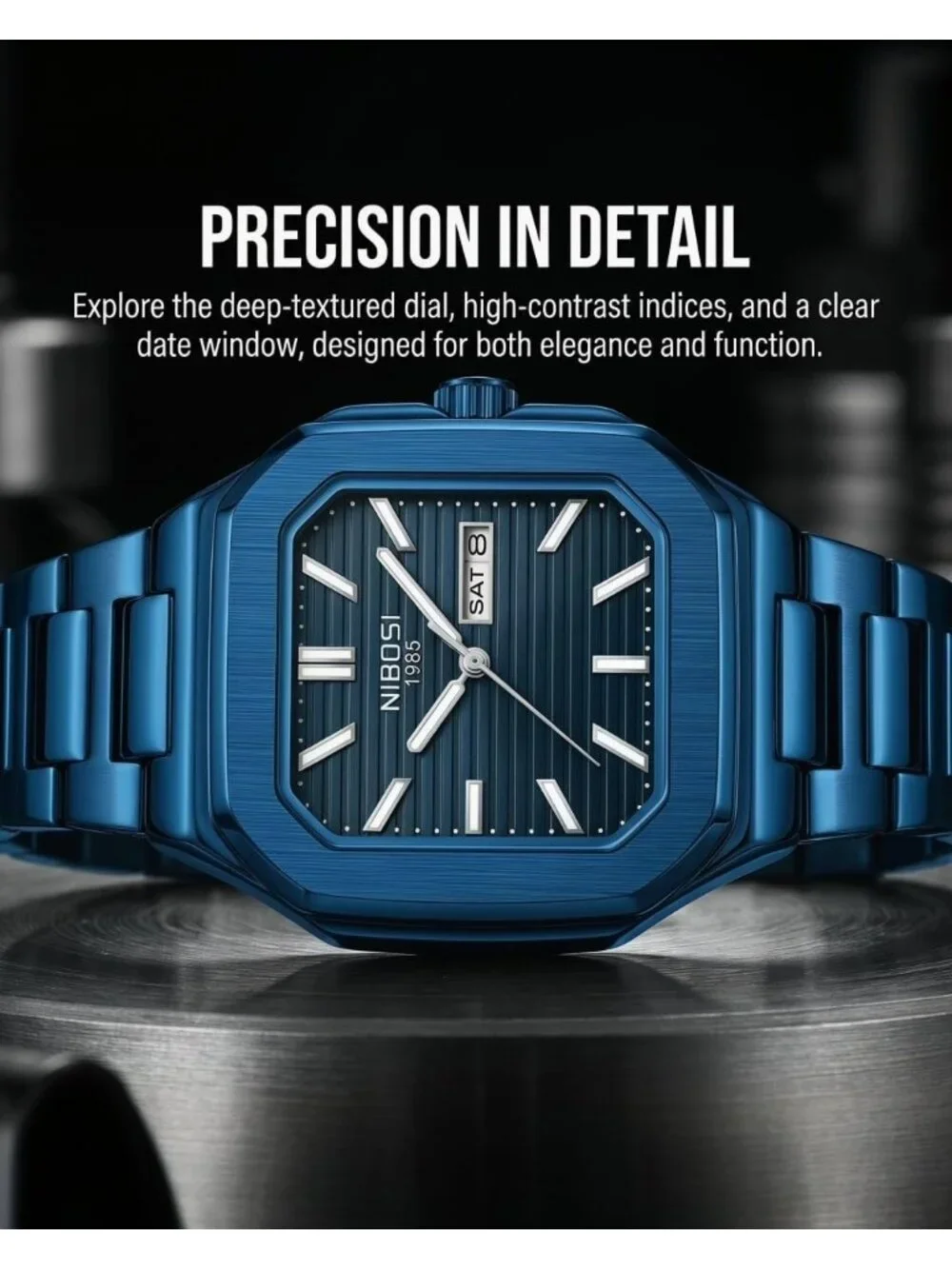 Men's Blue Square Analog Quartz Stainless Steel Waterproof Classic Wrist Watch